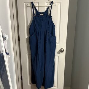 Natural Life Loose Cotton Bib Overalls Wide Legged Cropped Blue Jumpsuit Sz L